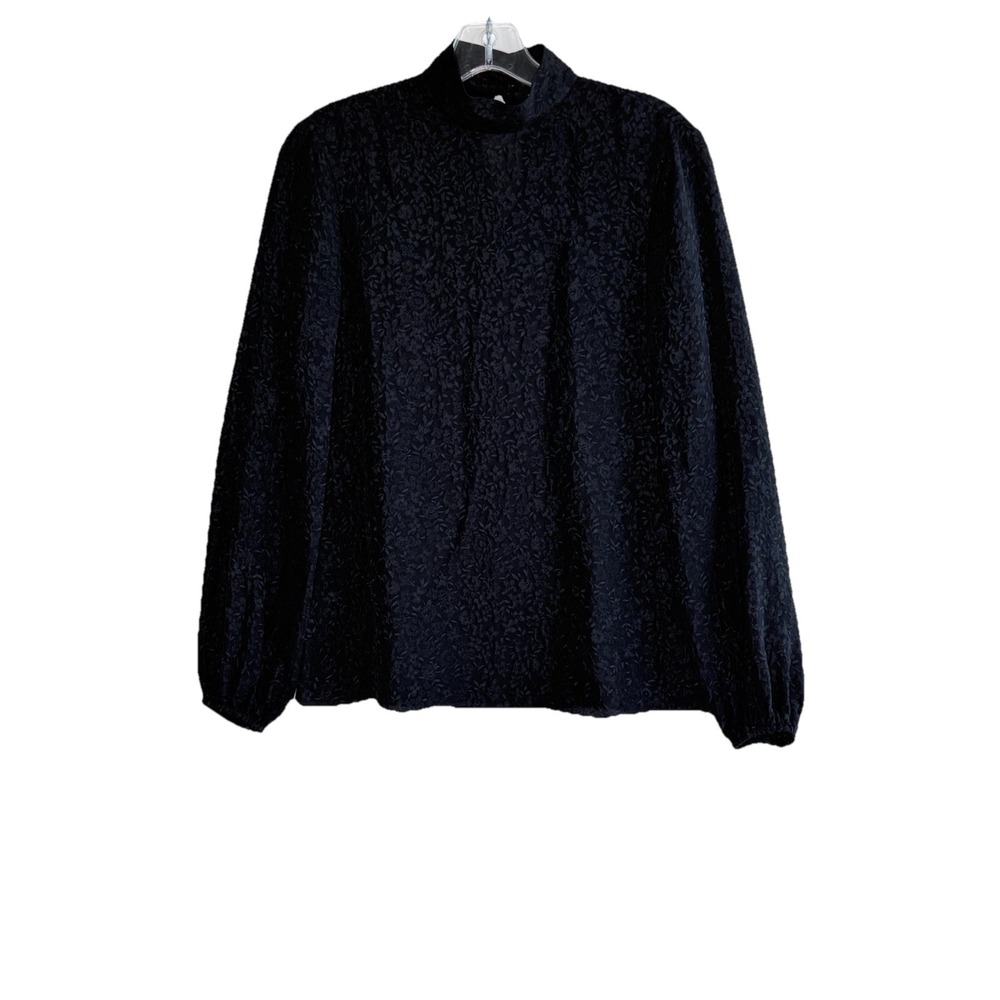 Theory Black 100% Silk Long Sleeve Mock Neck Jacquard Blouse Womens Size P